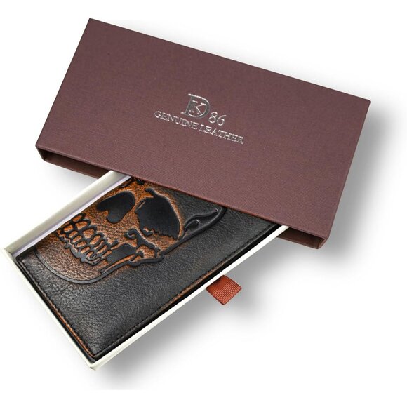 Hand Burnished Skull Long Wallet – RFID Blocking Full Grain Leather For Men's - Picture 6 of 6
